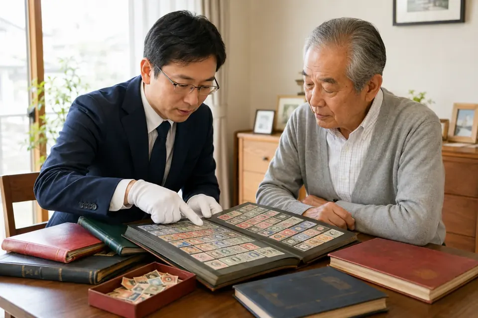 査定士が切手アルバムを1枚ずつ確認するイメージ